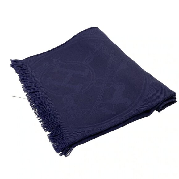 Auth HERMES - Navy Cashmere Silk Scarf - Picture 2 of 4